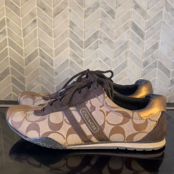 Coach leatherware sneakers leather suede brown tan gold logo - Picture 10 of 16